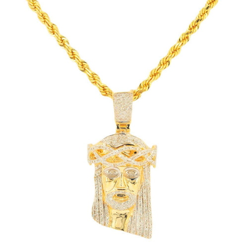 10k Yellow Gold 0.50cttw Jesus Head Pendant and 3mm Solid Rope Chain Bundle 16" 18" 20” 22” 24”