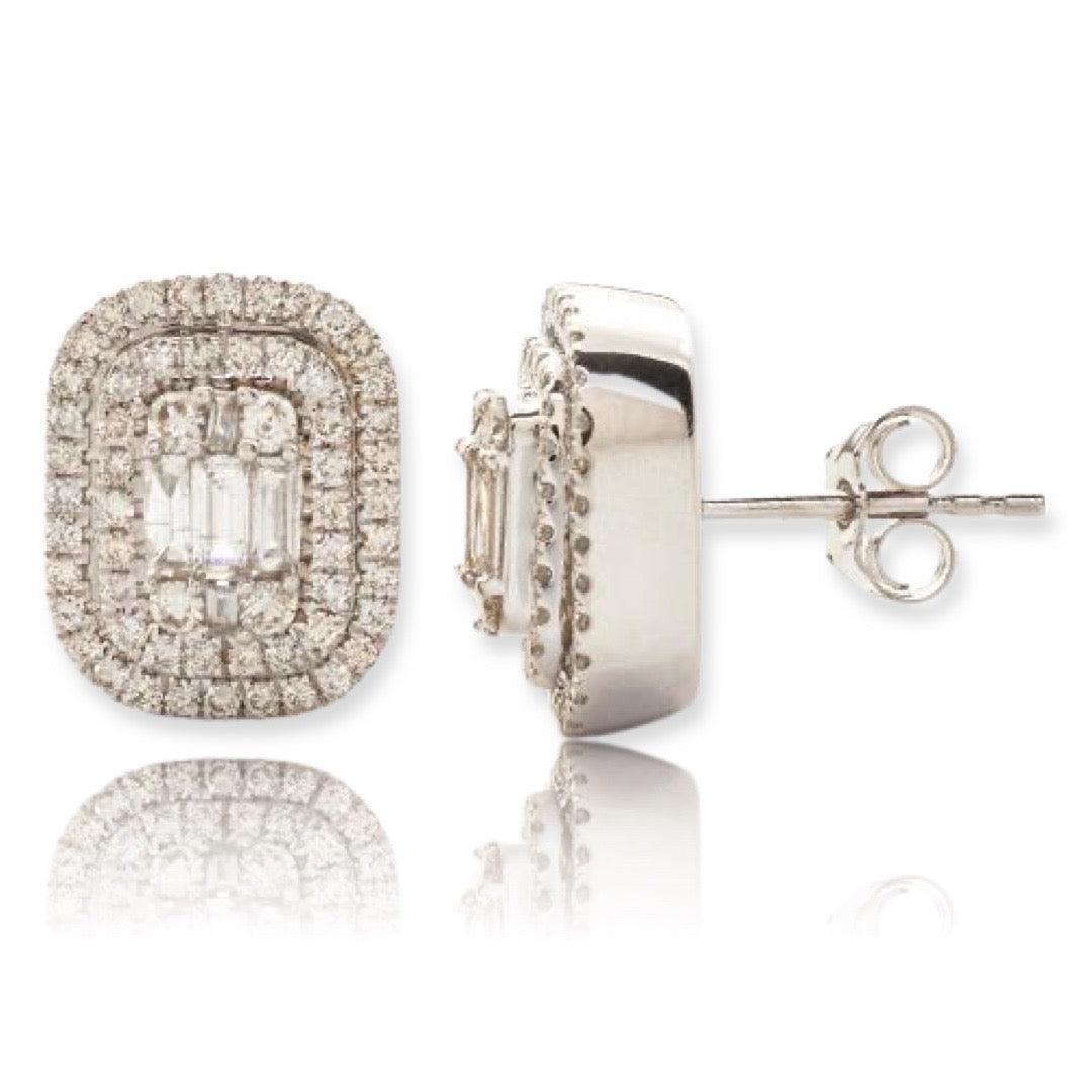 14KW 1.10CTW BAGUETTE DIAMOND HALO EARRINGS - Johnny Dang & Co