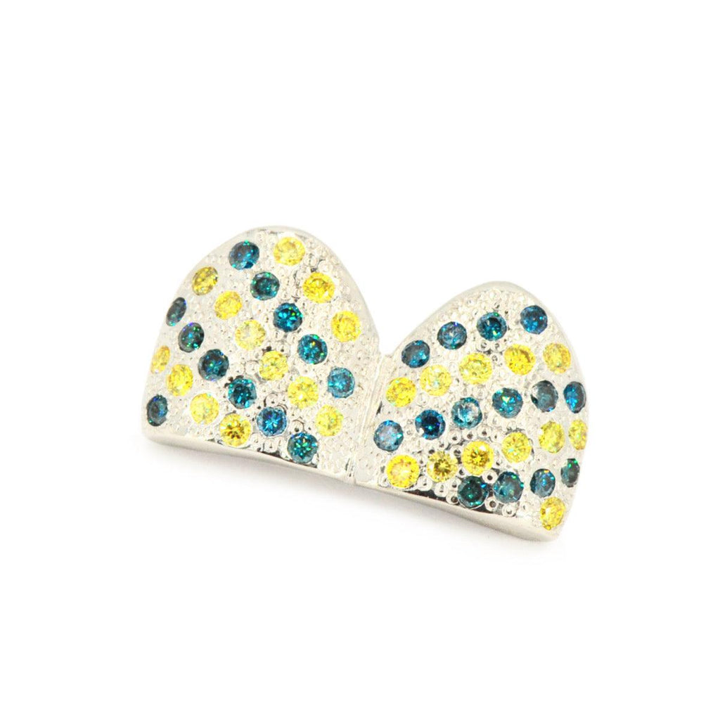 2 Top or 2 Bottom Blue and Yellow Diamond Grillz [S7035] - Johnny Dang & Co