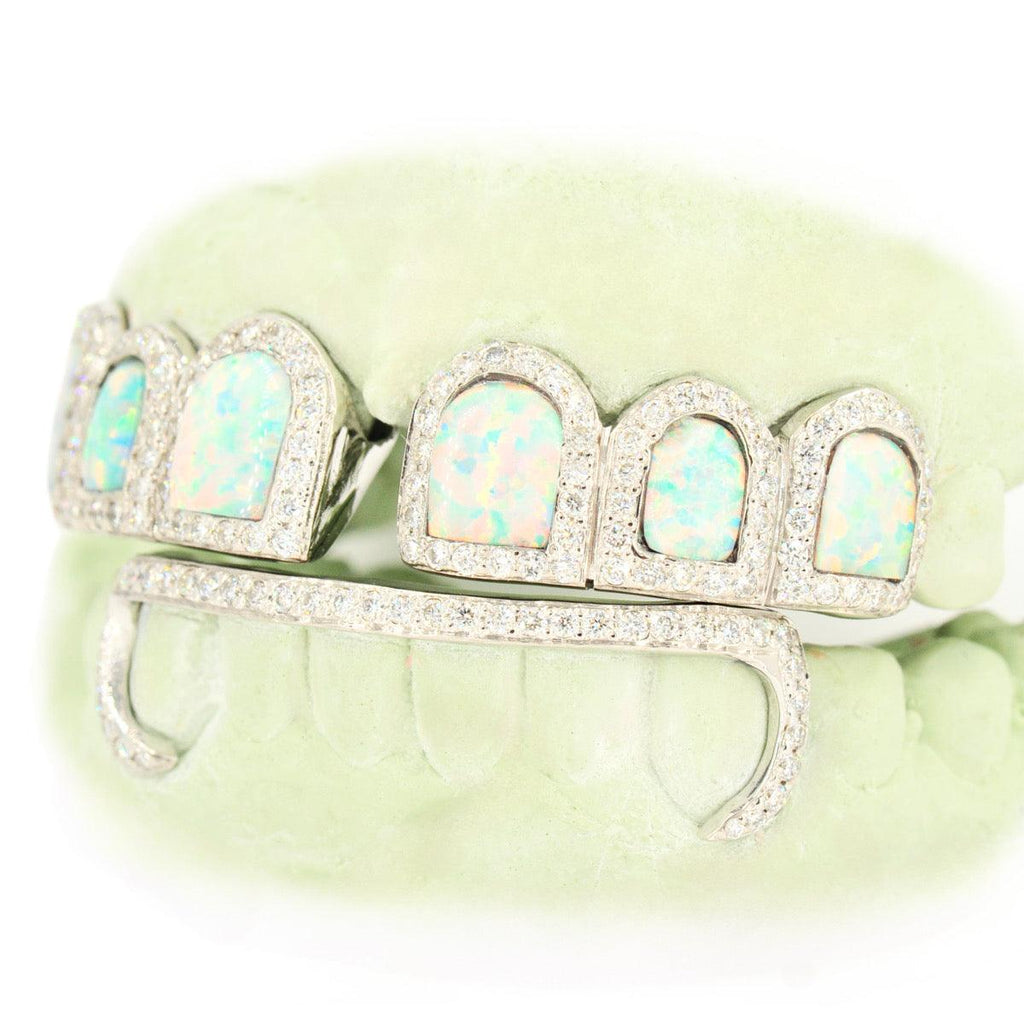 6 Top and 6 Bottom Opal & Diamond Prong Setting with Extended Diamond Bar Grillz - Johnny Dang & Co