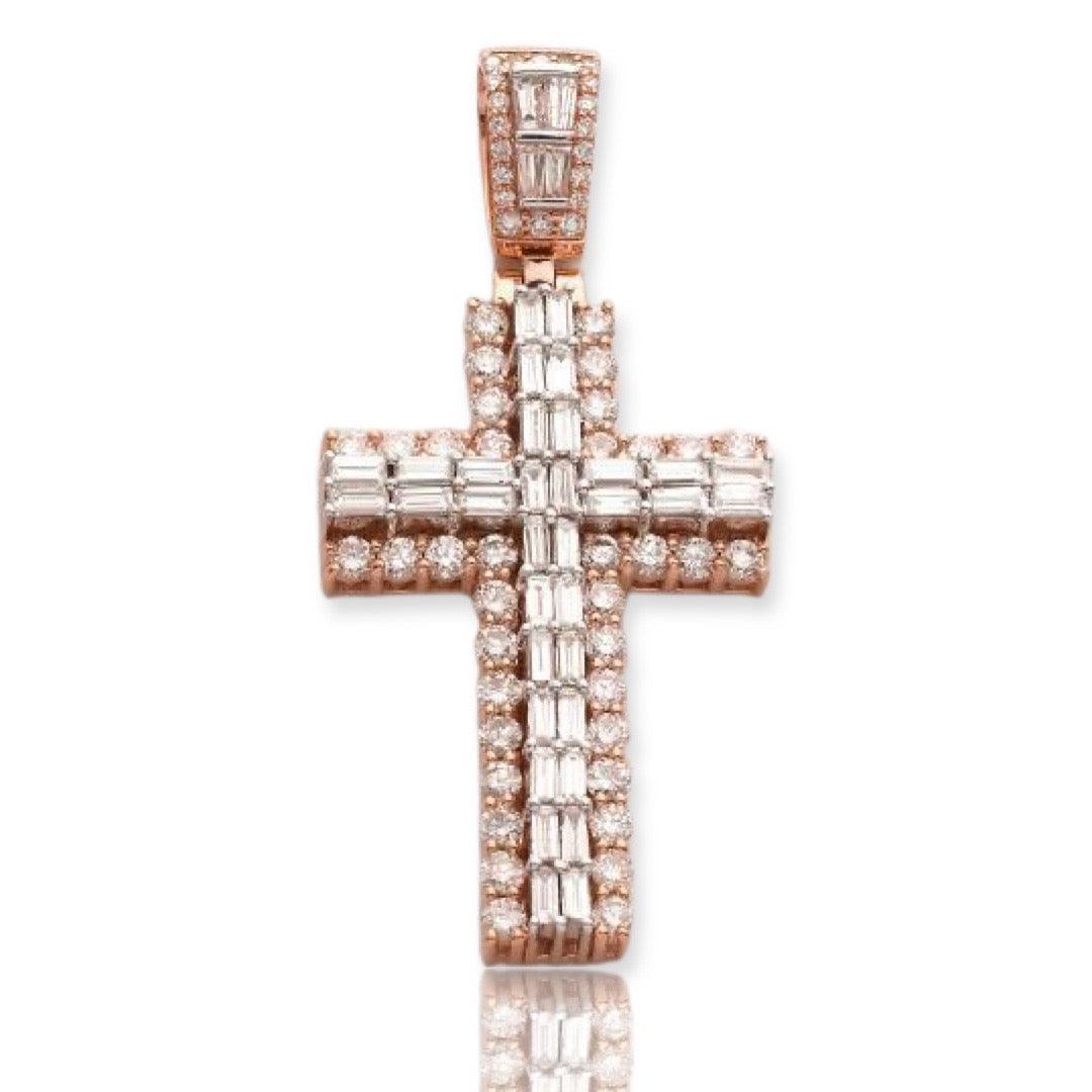 14KR+W 3.25CTW BAGUETTE DIAMOND 2-ROW CROSS - Johnny Dang & Co