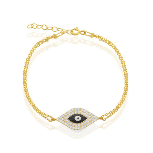 Sterling Silver Double-Strand With Center CZ and Evil Eye Bracelet - Gold Plated - Johnny Dang & Co